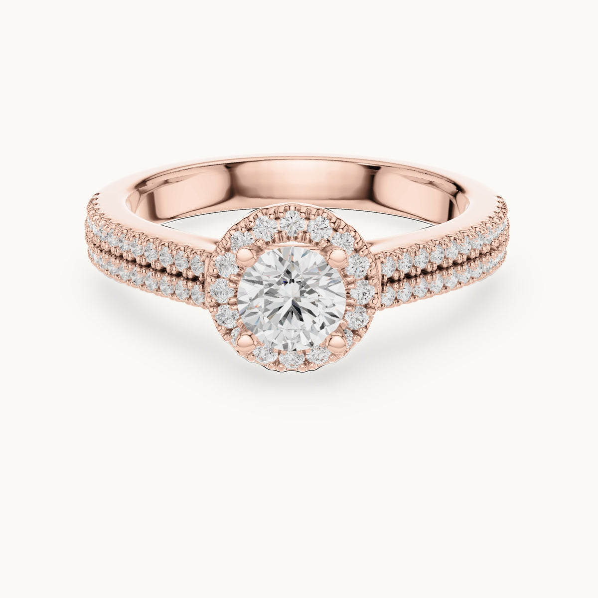 Round lab-grown diamond classic halo engagement ring with pavé band in rose gold, 0.888 CT TW, view 4