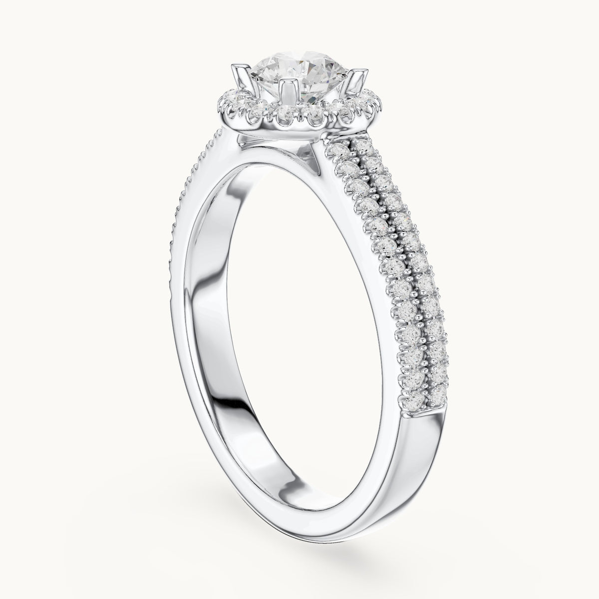 Round lab-grown diamond classic halo engagement ring with pavé band in white gold, 0.888 CT TW, view 1