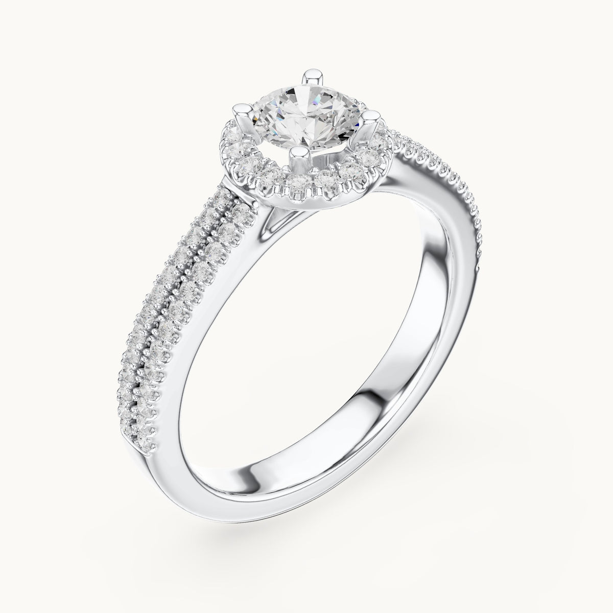 Round lab-grown diamond classic halo engagement ring with pavé band in white gold, 0.888 CT TW, view 2
