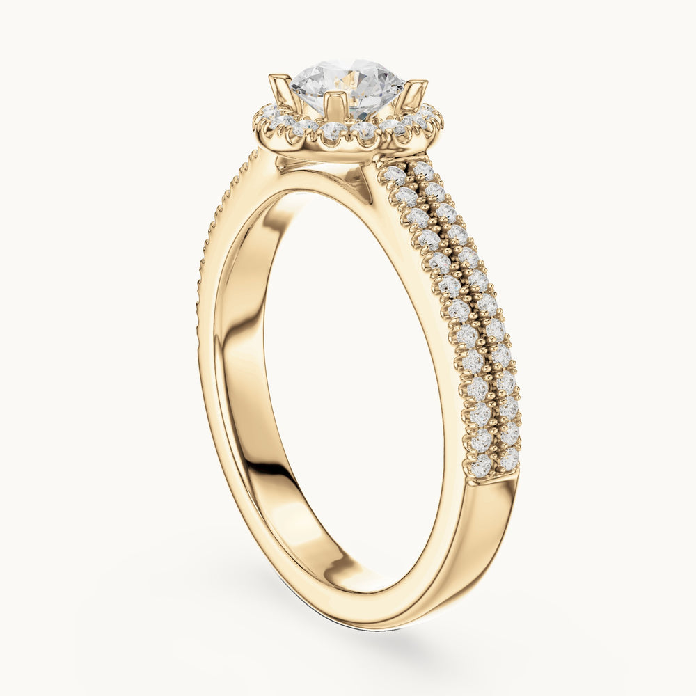 Round lab-grown diamond classic halo engagement ring with pavé band in yellow gold, 0.888 CT TW, view 1
