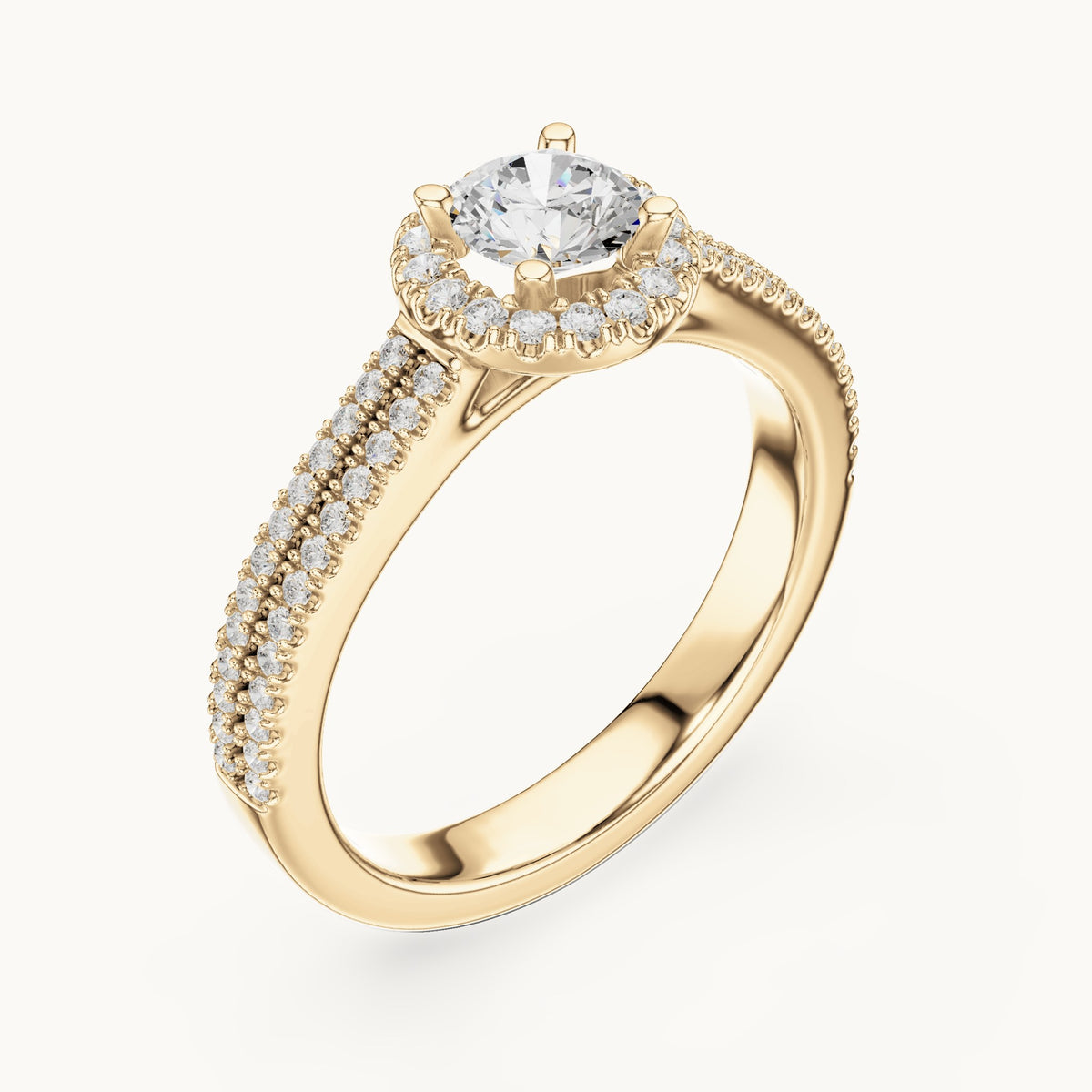 Round lab-grown diamond classic halo engagement ring with pavé band in yellow gold, 0.888 CT TW, view 2