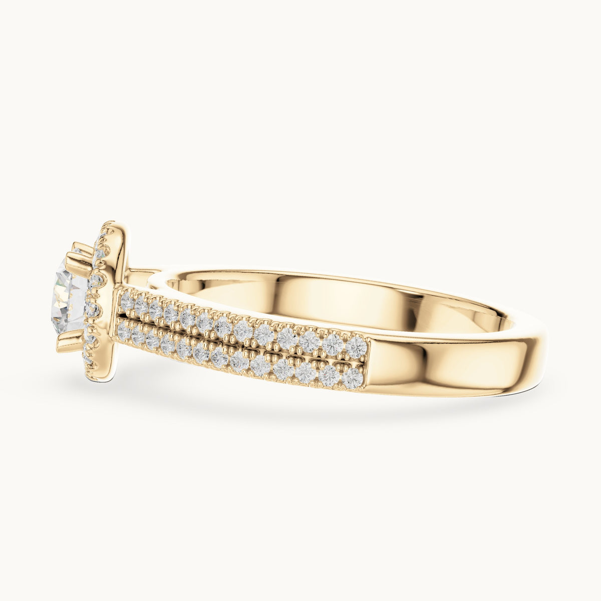 Round lab-grown diamond classic halo engagement ring with pavé band in yellow gold, 0.888 CT TW, view 3