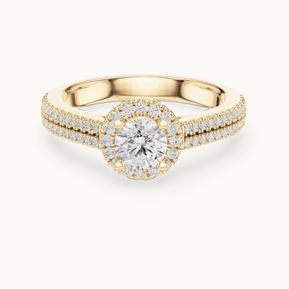 Round lab-grown diamond classic halo engagement ring with pavé band in yellow gold, 0.888 CT TW, view 4