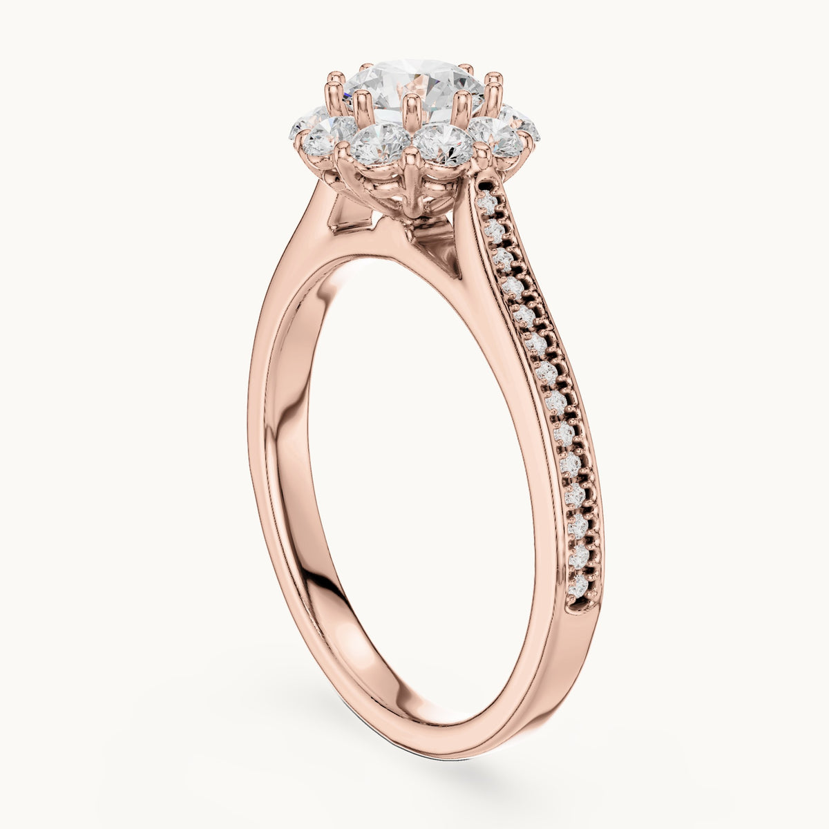 Round lab-grown diamond halo engagement ring with pavé shank in rose gold, 1.318 CT TW, view 1