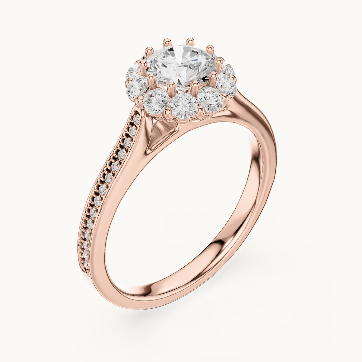 Round lab-grown diamond halo engagement ring with pavé shank in rose gold, 1.318 CT TW, view 2