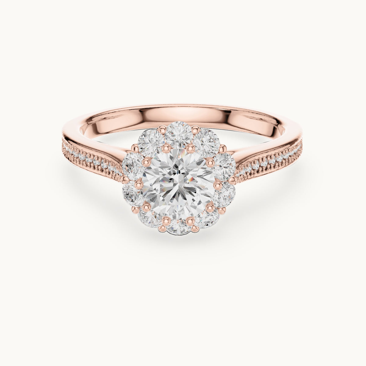 Round lab-grown diamond halo engagement ring with pavé shank in rose gold, 1.318 CT TW, view 4