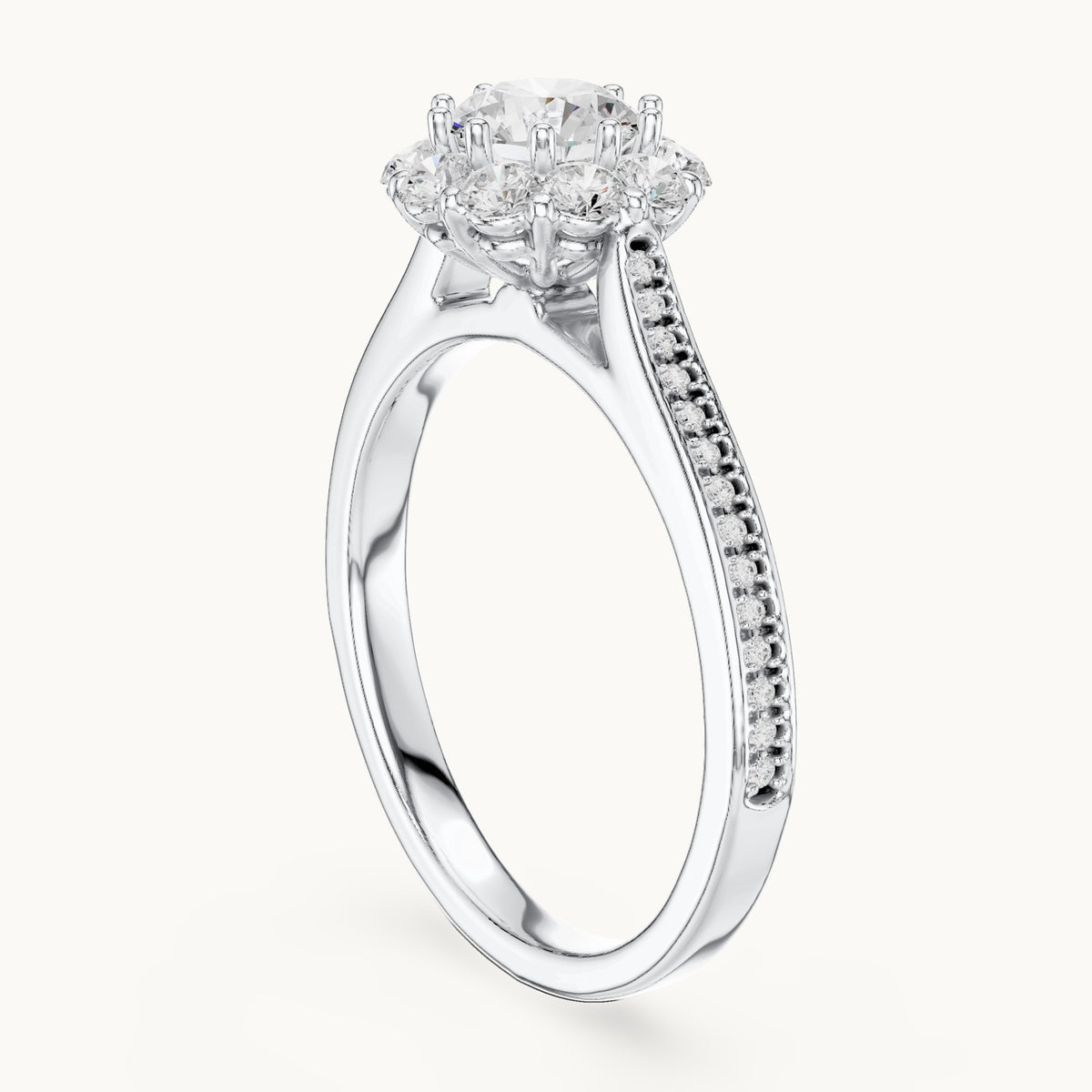 Round lab-grown diamond halo engagement ring with pavé shank in white gold, 1.318 CT TW, view 1