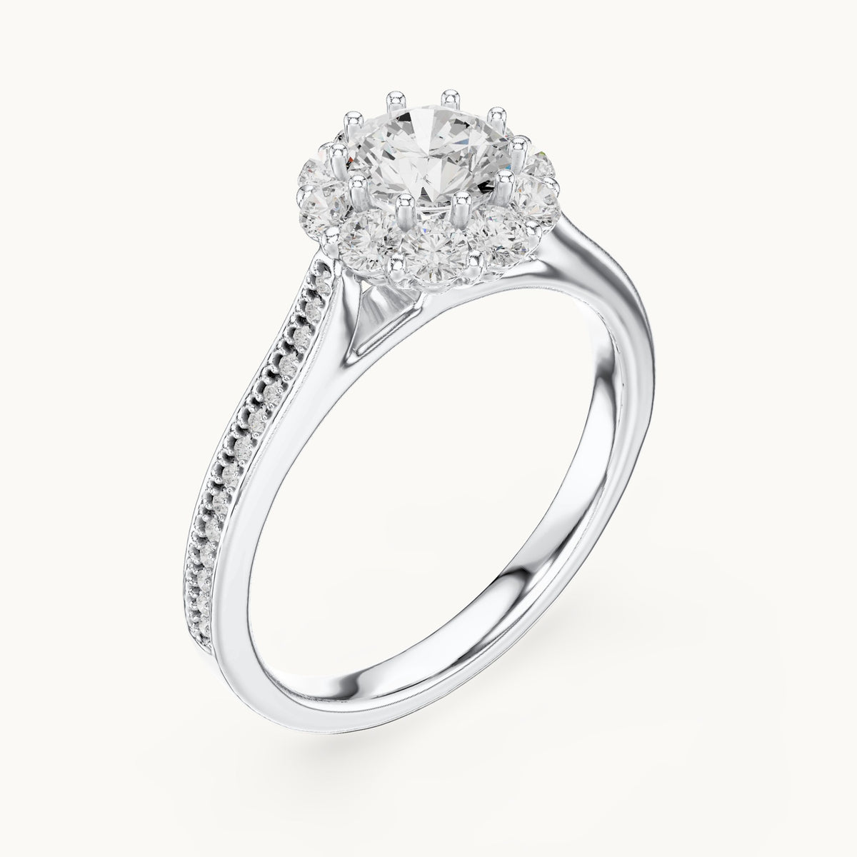 Round lab-grown diamond halo engagement ring with pavé shank in white gold, 1.318 CT TW, view 2