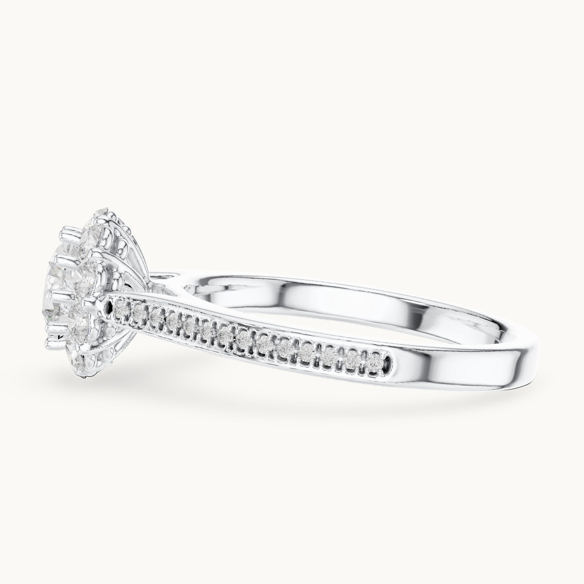 Round lab-grown diamond halo engagement ring with pavé shank in white gold, 1.318 CT TW, view 3