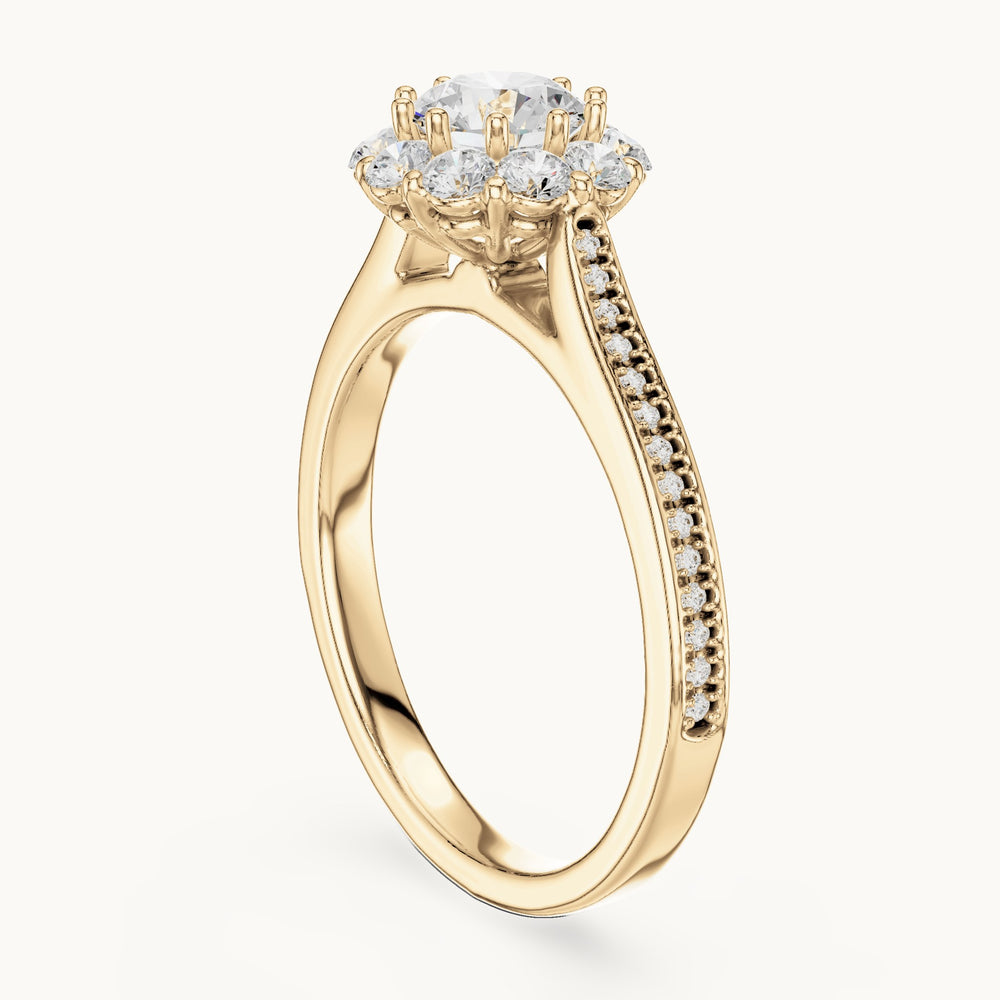 Round lab-grown diamond halo engagement ring with pavé shank in yellow gold, 1.318 CT TW, view 1