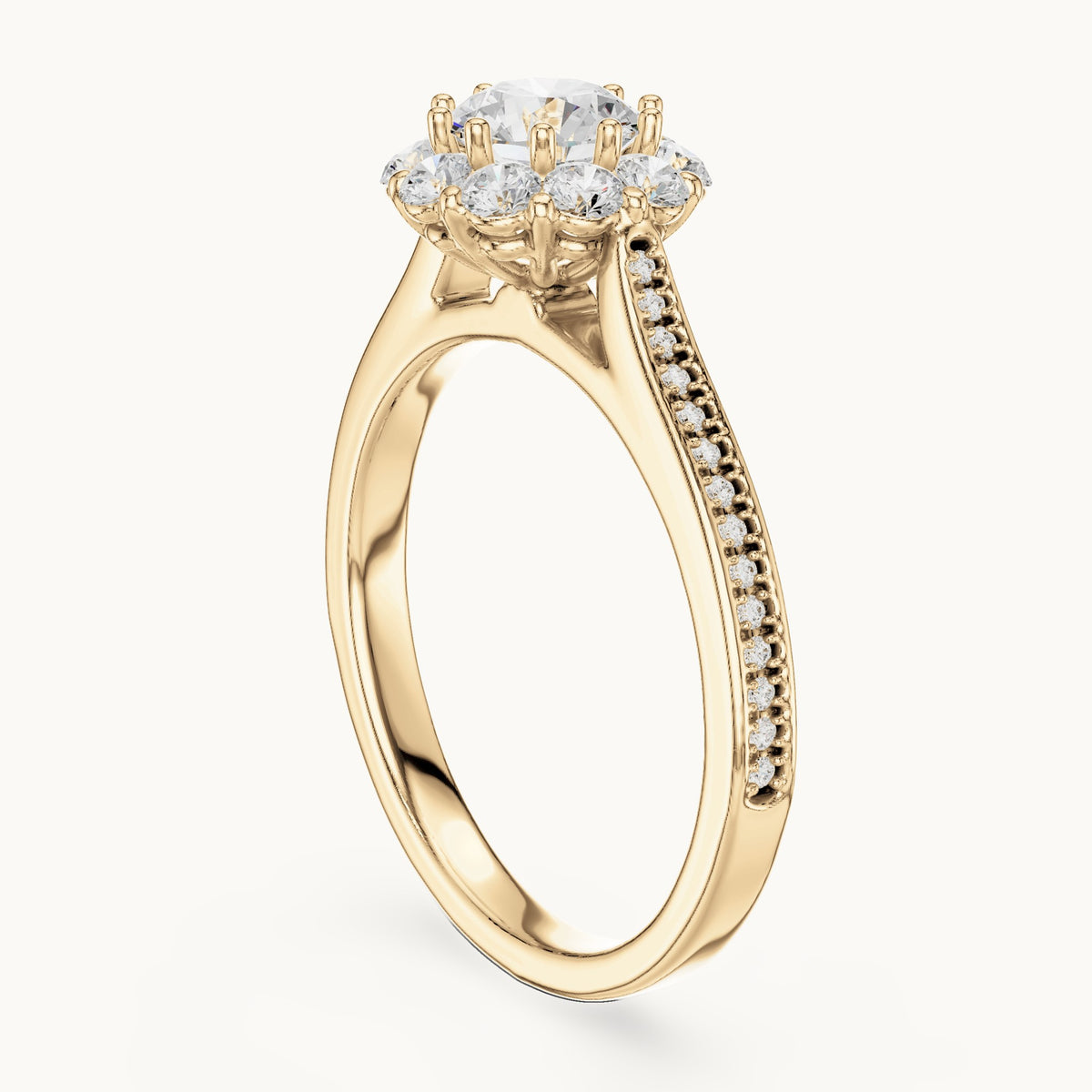 Round lab-grown diamond halo engagement ring with pavé shank in yellow gold, 1.318 CT TW, view 1