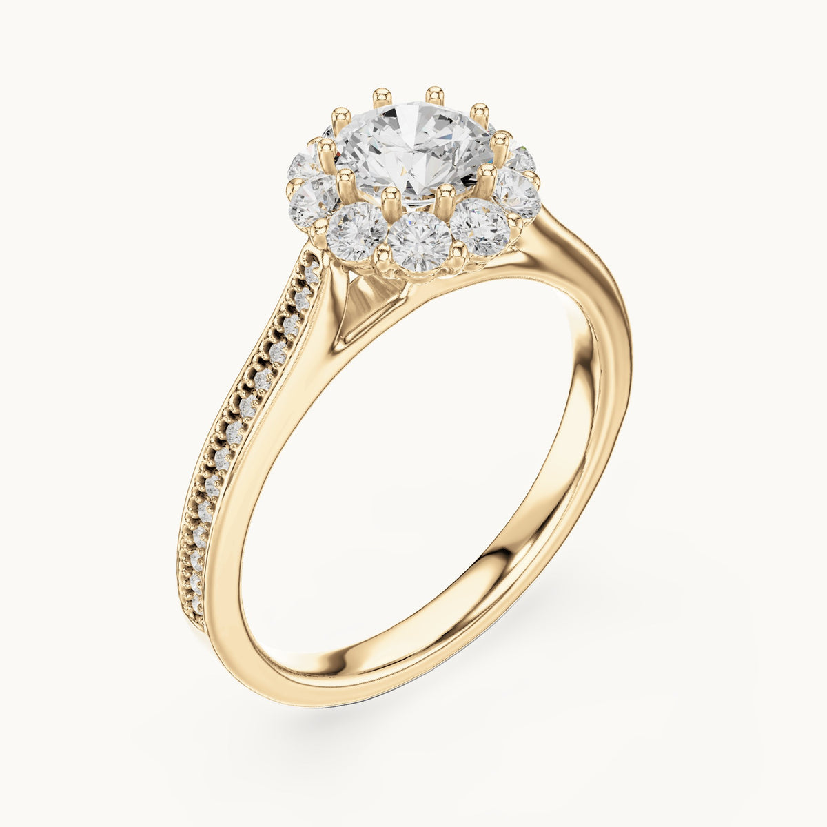 Round lab-grown diamond halo engagement ring with pavé shank in yellow gold, 1.318 CT TW, view 2