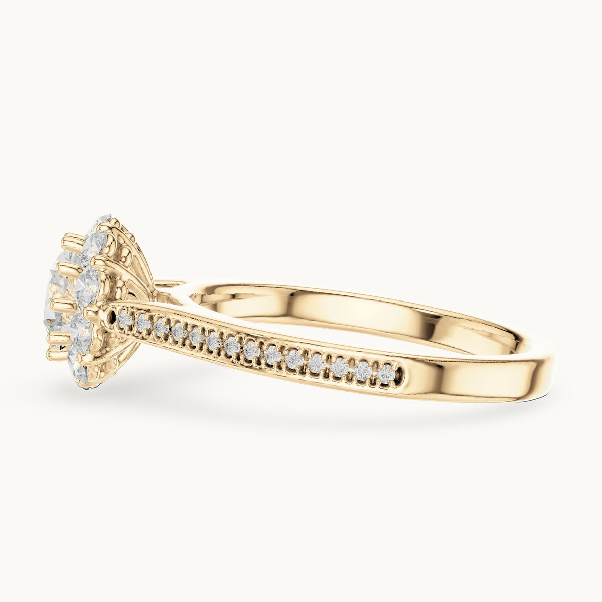 Round lab-grown diamond halo engagement ring with pavé shank in yellow gold, 1.318 CT TW, view 3