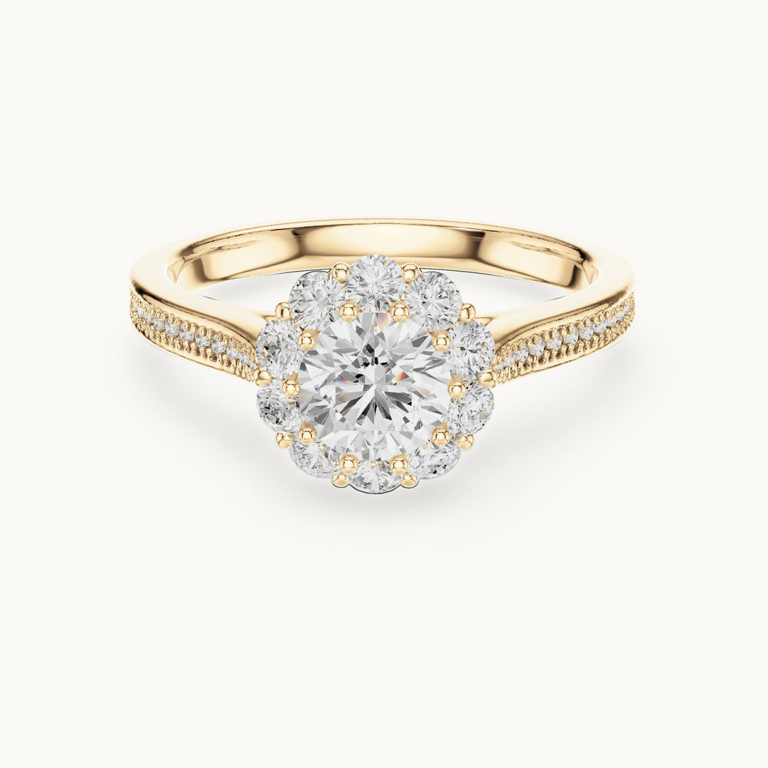 Round lab-grown diamond halo engagement ring with pavé shank in yellow gold, 1.318 CT TW, view 4