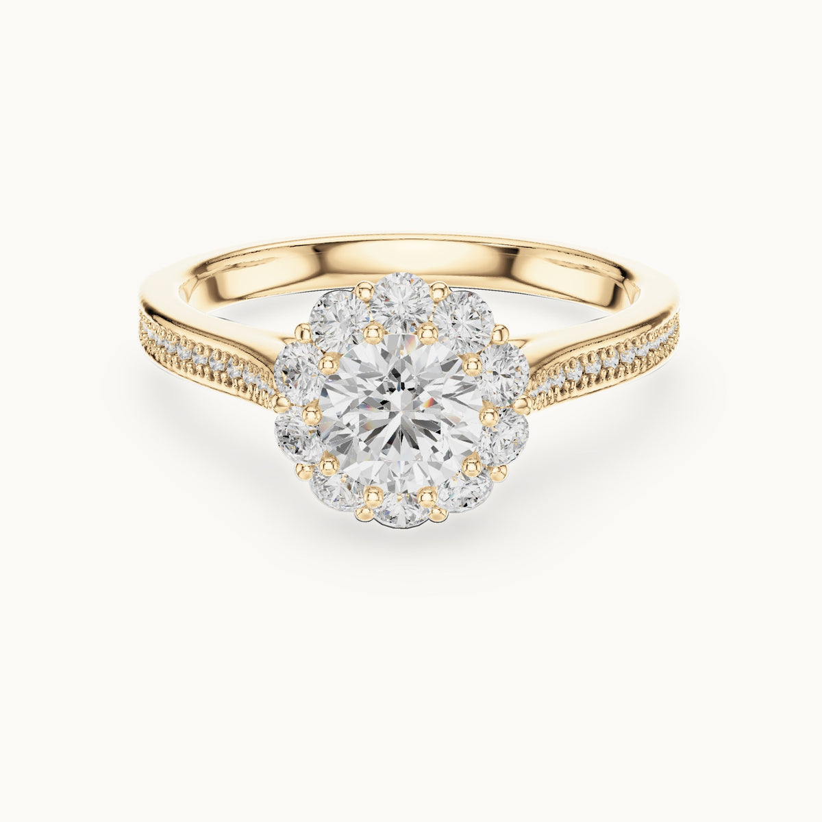 Round lab-grown diamond halo engagement ring with pavé shank in yellow gold, 1.318 CT TW, view 4