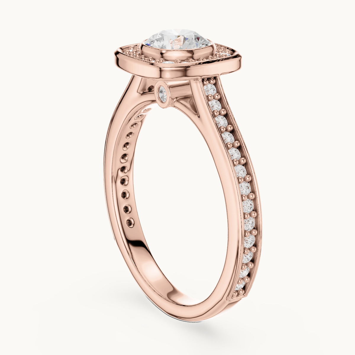 Round lab-grown diamond cushion halo engagement ring in 14K rose gold, 1.06 CT TW, view 1