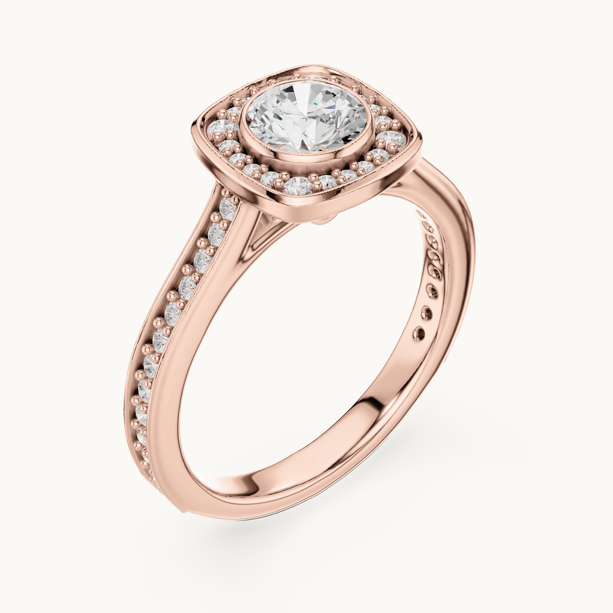 Round lab-grown diamond cushion halo engagement ring in 14K rose gold, 1.06 CT TW, view 2