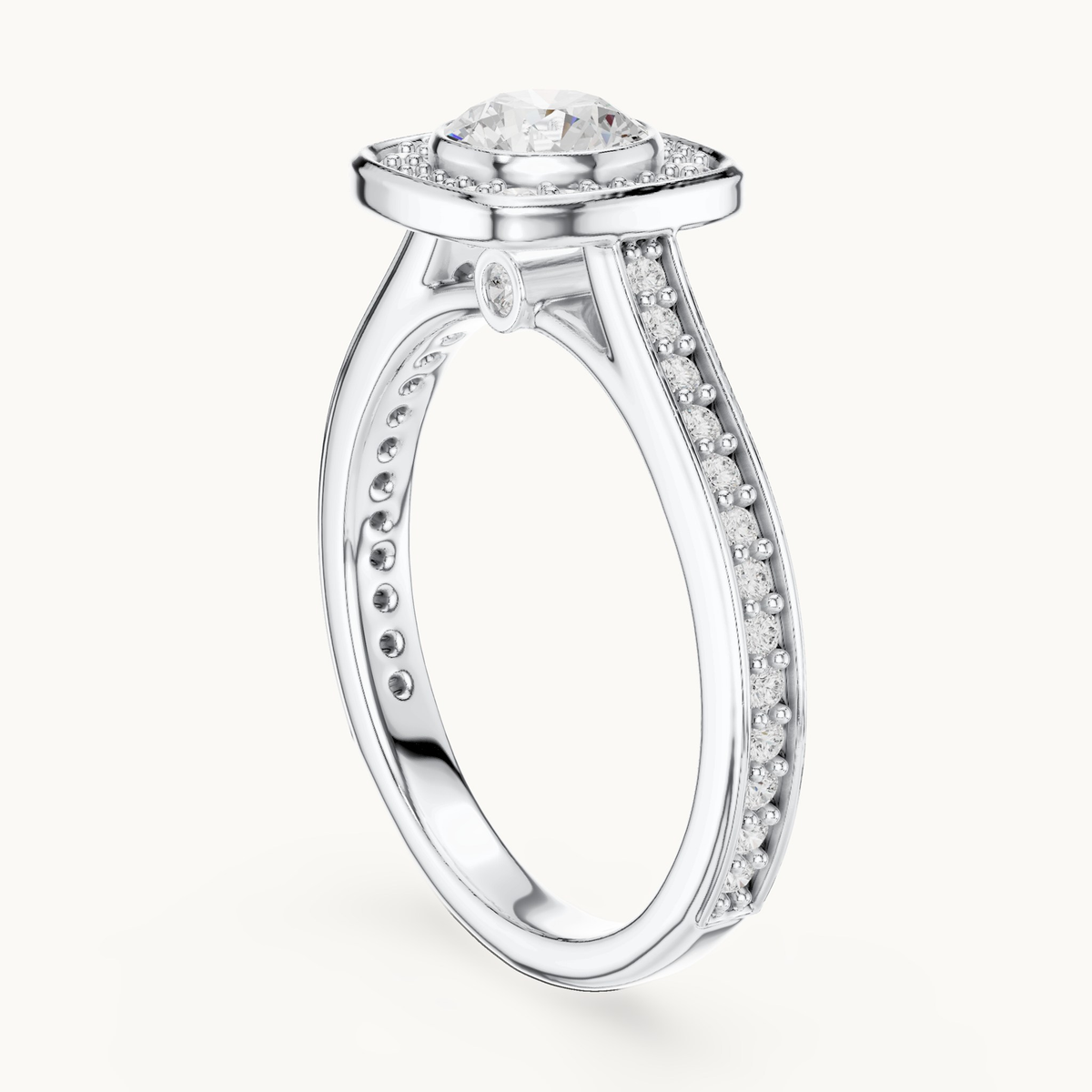 Round lab-grown diamond cushion halo engagement ring in 14K white gold, 1.06 CT TW, view 1