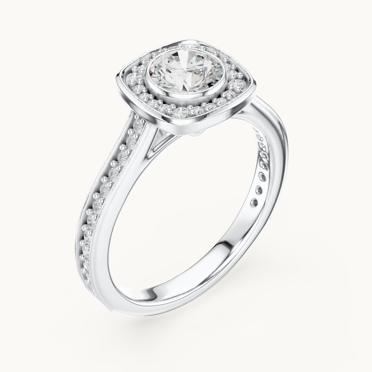 Round lab-grown diamond cushion halo engagement ring in 14K white gold, 1.06 CT TW, view 2