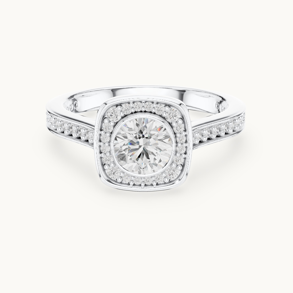 Round lab-grown diamond cushion halo engagement ring in 14K white gold, 1.06 CT TW, view 4