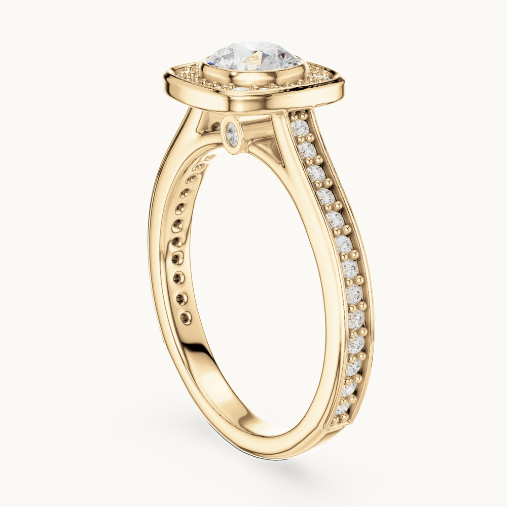 Round lab-grown diamond cushion halo engagement ring in 14K yellow gold, 1.06 CT TW, view 1