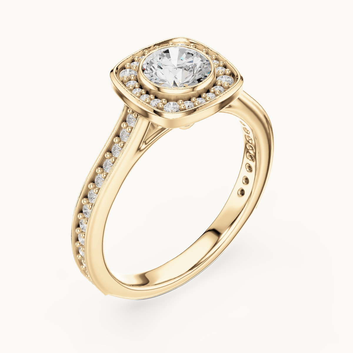 Round lab-grown diamond cushion halo engagement ring in 14K yellow gold, 1.06 CT TW, view 2