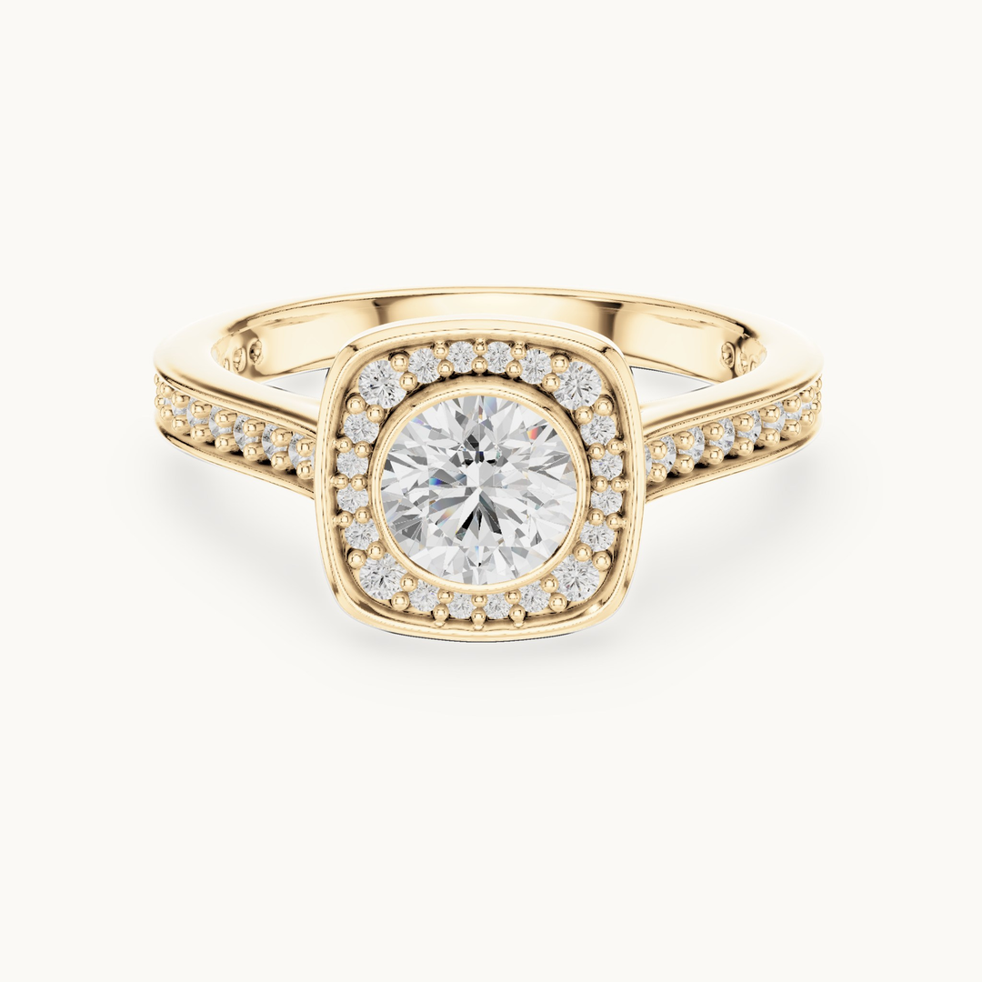 Round lab-grown diamond cushion halo engagement ring in 14K yellow gold, 1.06 CT TW, view 4