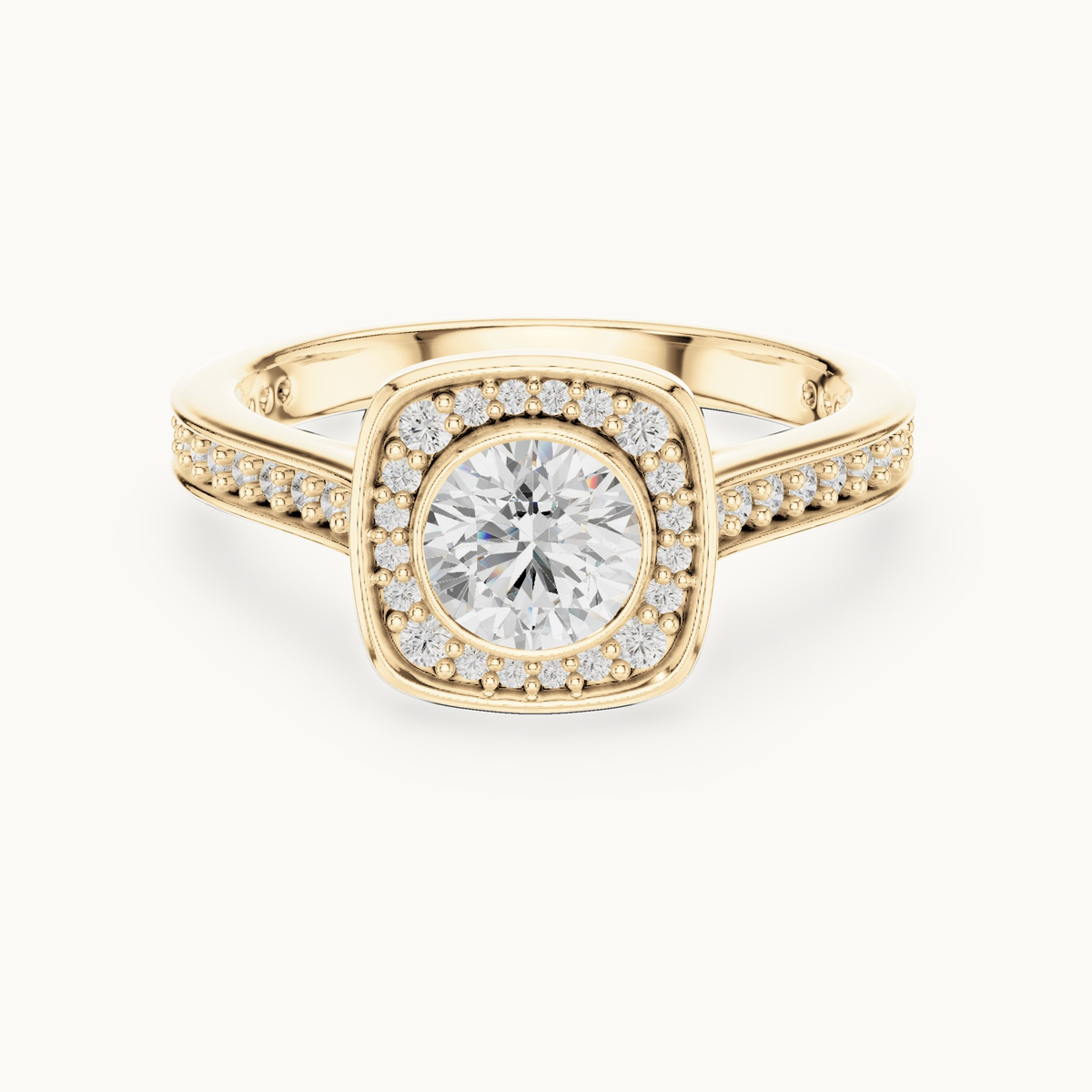 Round lab-grown diamond cushion halo engagement ring in 14K yellow gold, 1.06 CT TW, view 4