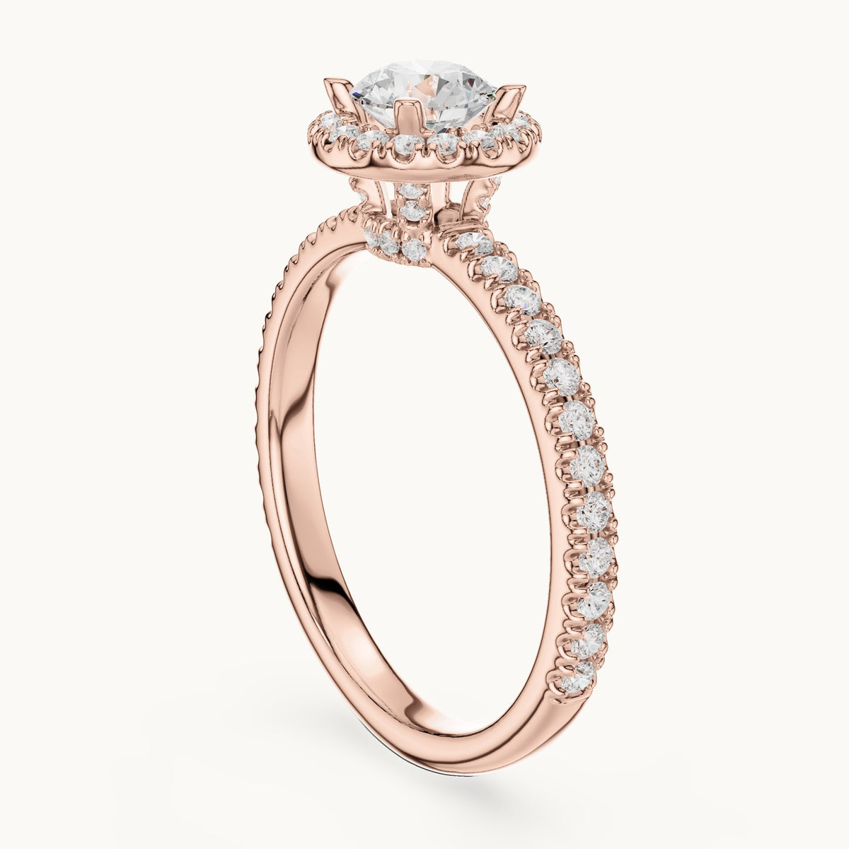 Round lab-grown diamond halo engagement ring with hidden halo in rose gold, 1.17 CT TW, view 1