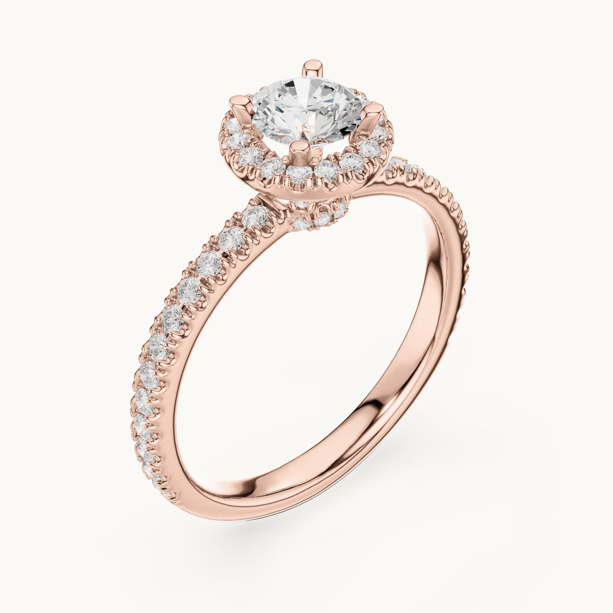Round lab-grown diamond halo engagement ring with hidden halo in rose gold, 1.17 CT TW, view 2