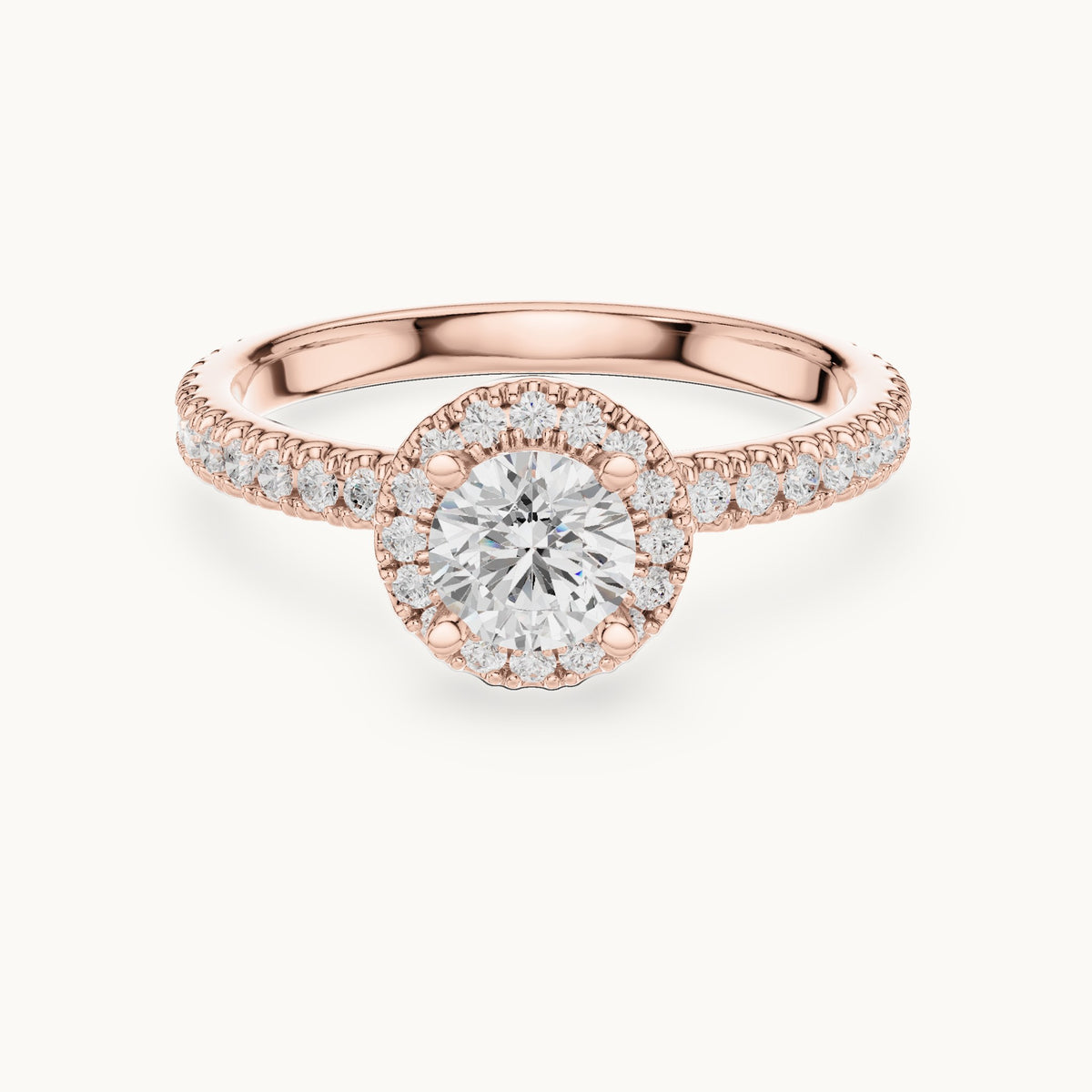 Round lab-grown diamond halo engagement ring with hidden halo in rose gold, 1.17 CT TW, view 4