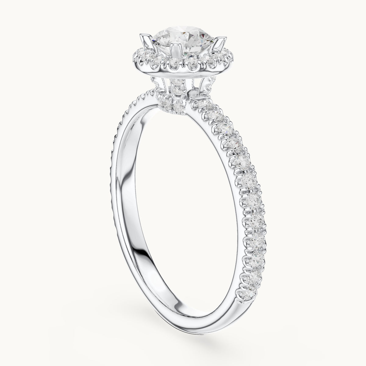 Round lab-grown diamond halo engagement ring with hidden halo in white gold, 1.17 CT TW, view 1