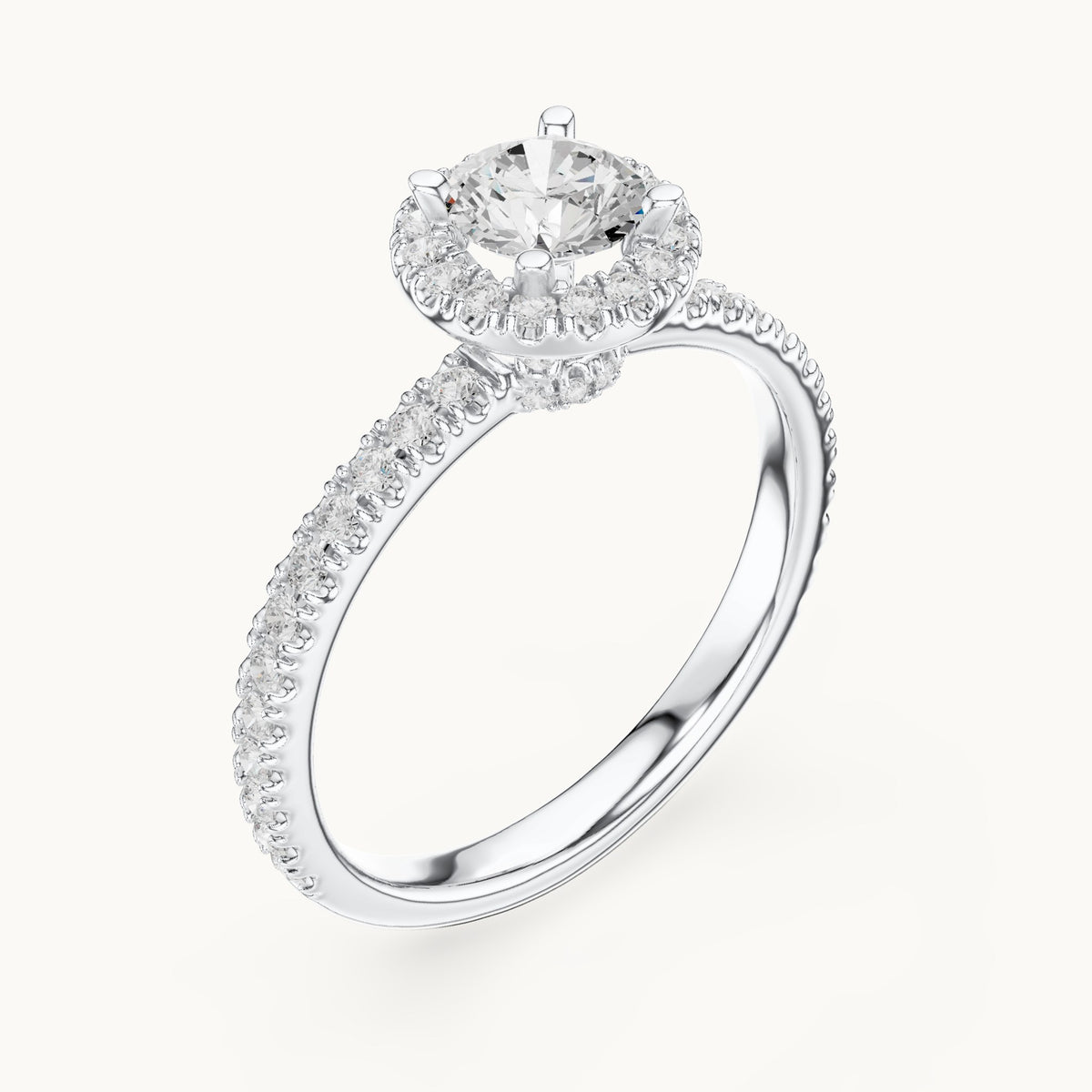Round lab-grown diamond halo engagement ring with hidden halo in white gold, 1.17 CT TW, view 2