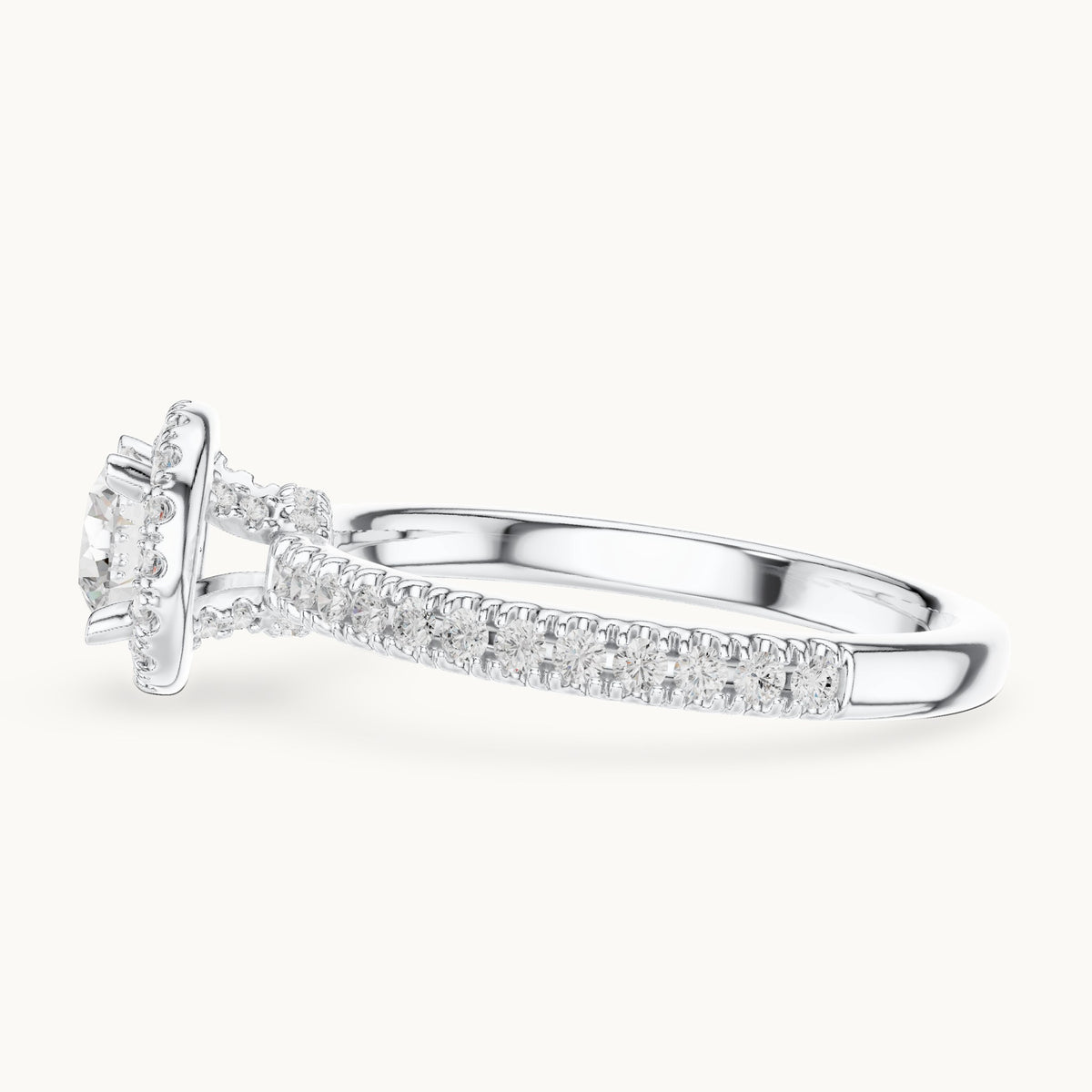 Round lab-grown diamond halo engagement ring with hidden halo in white gold, 1.17 CT TW, view 3