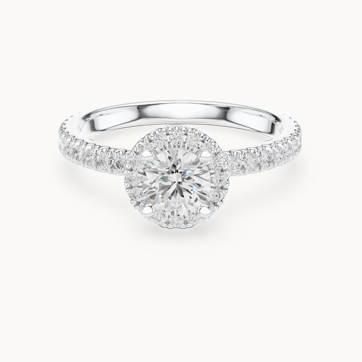 Round lab-grown diamond halo engagement ring with hidden halo in white gold, 1.17 CT TW, view 4