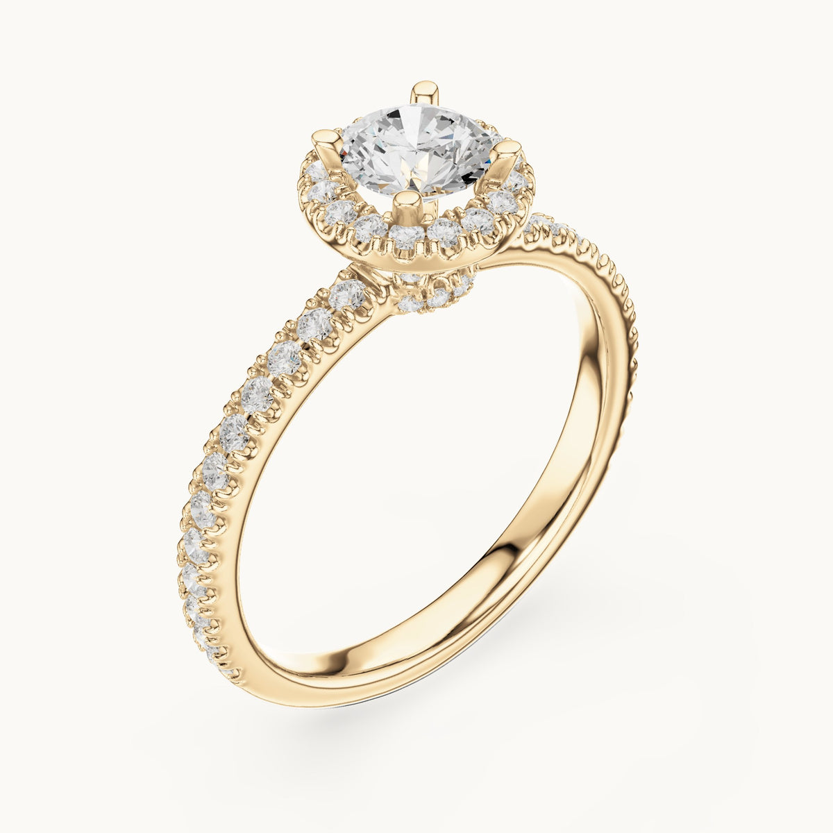 Round lab-grown diamond halo engagement ring with hidden halo in yellow gold, 1.17 CT TW, view 2