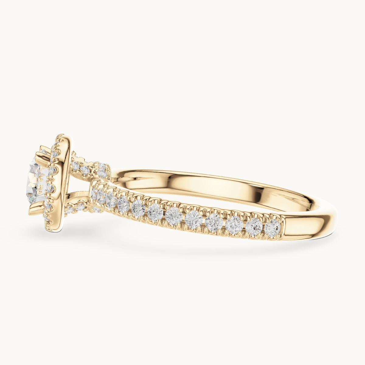 Round lab-grown diamond halo engagement ring with hidden halo in yellow gold, 1.17 CT TW, view 3