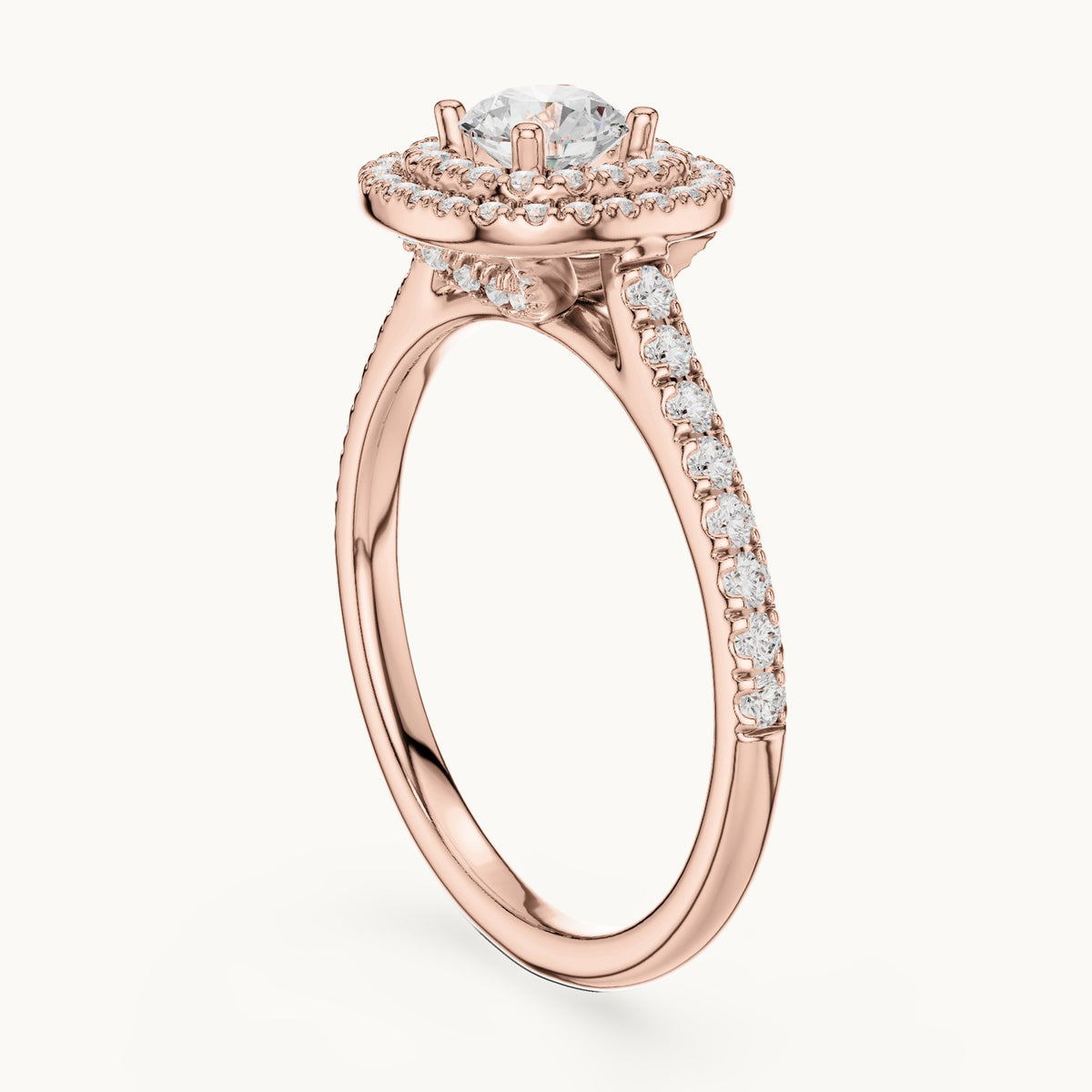 Round lab-grown diamond double halo engagement ring in rose gold, 1.07 CT TW, view 1