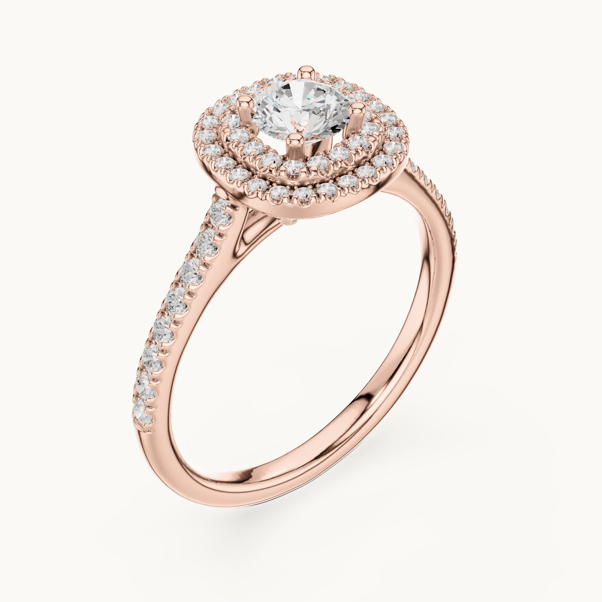 Round lab-grown diamond double halo engagement ring in rose gold, 1.07 CT TW, view 2