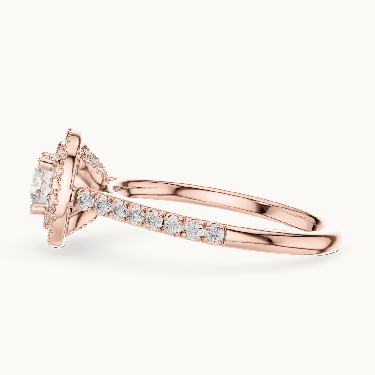 Round lab-grown diamond double halo engagement ring in rose gold, 1.07 CT TW, view 3