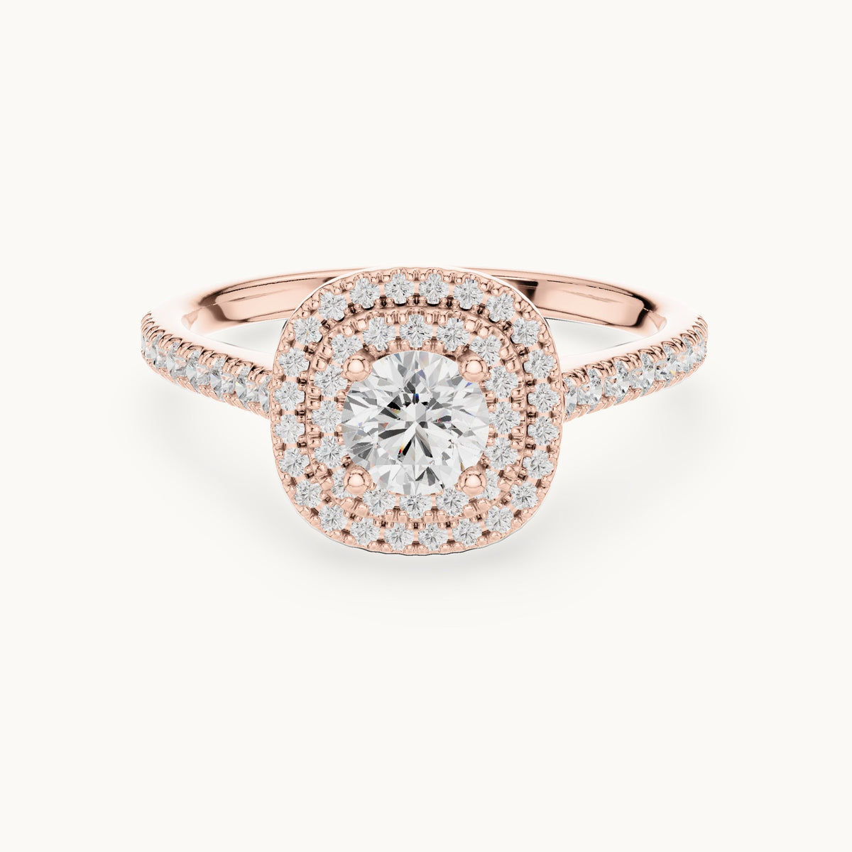 Round lab-grown diamond double halo engagement ring in rose gold, 1.07 CT TW, view 4
