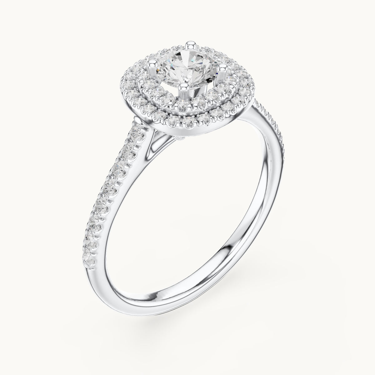 Round lab-grown diamond double halo engagement ring in white gold, 1.07 CT TW, view 2
