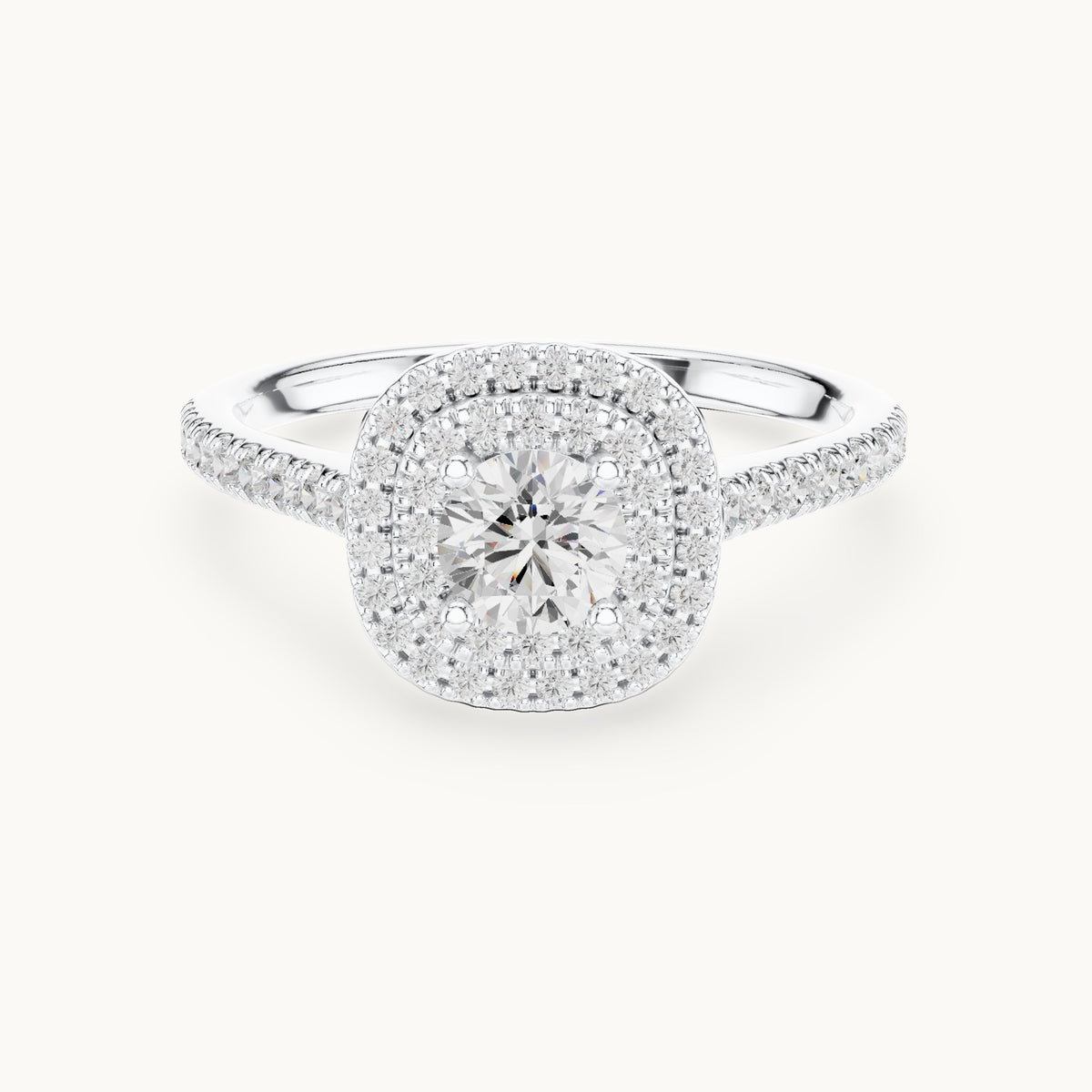 Round lab-grown diamond double halo engagement ring in white gold, 1.07 CT TW, view 4