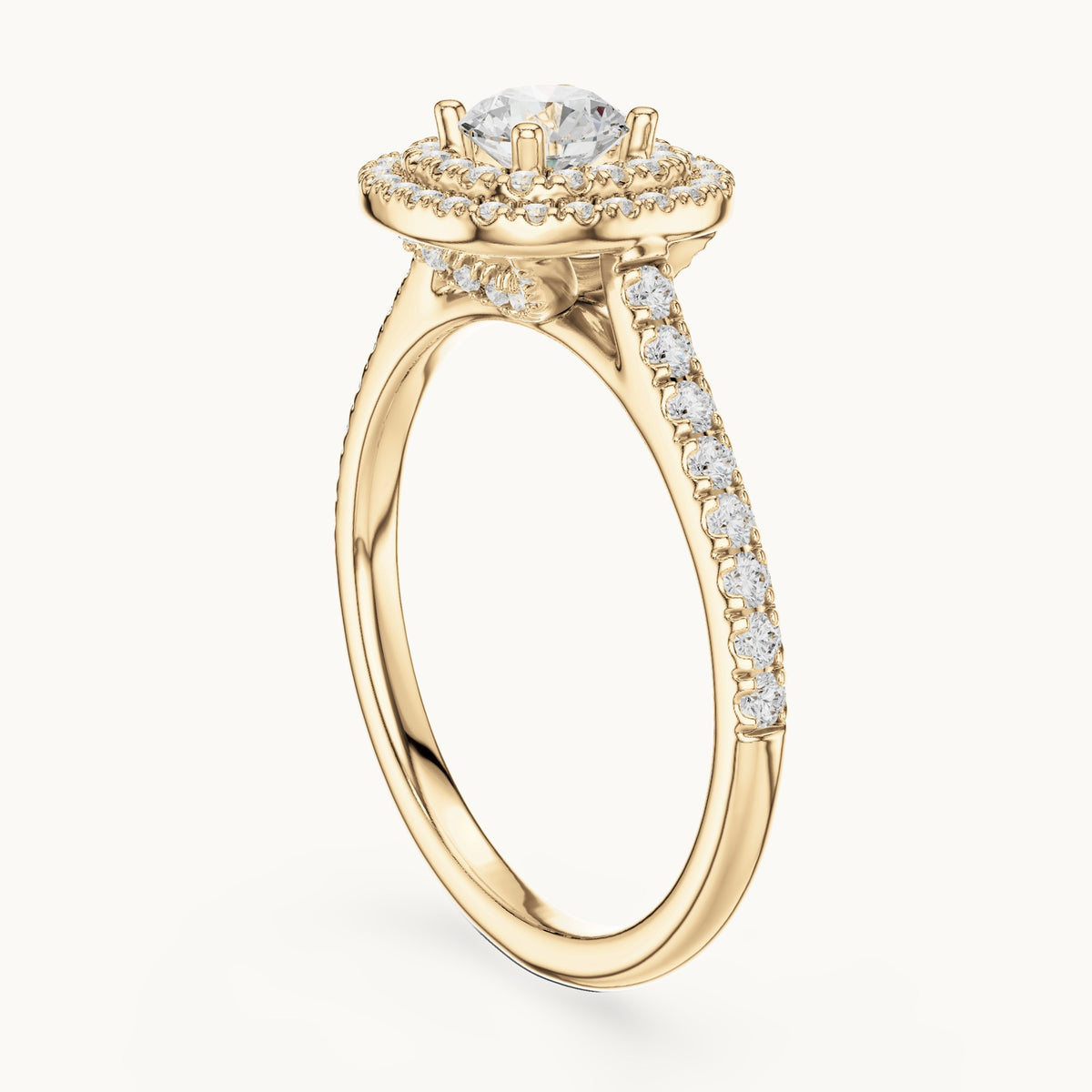 Round lab-grown diamond double halo engagement ring in yellow gold, 1.07 CT TW, view 1