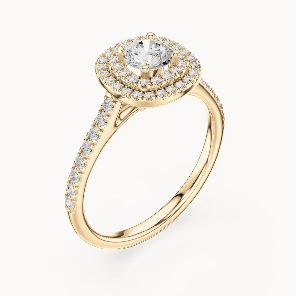 Round lab-grown diamond double halo engagement ring in yellow gold, 1.07 CT TW, view 2