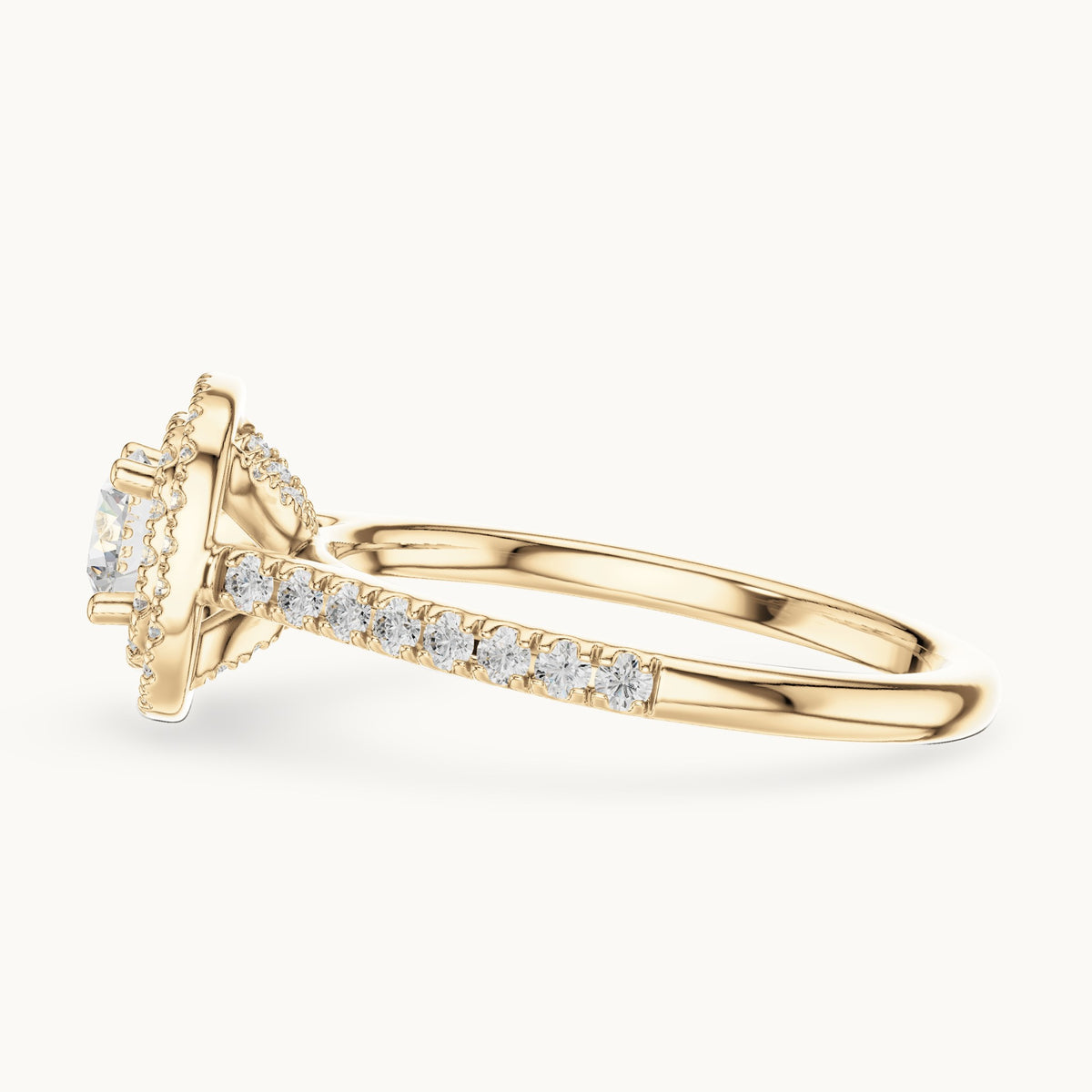 Round lab-grown diamond double halo engagement ring in yellow gold, 1.07 CT TW, view 3