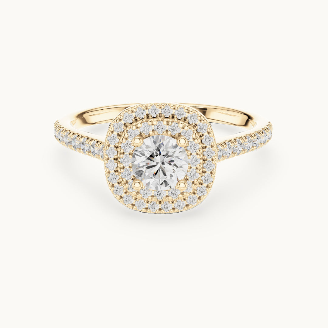 Round lab-grown diamond double halo engagement ring in yellow gold, 1.07 CT TW, view 4