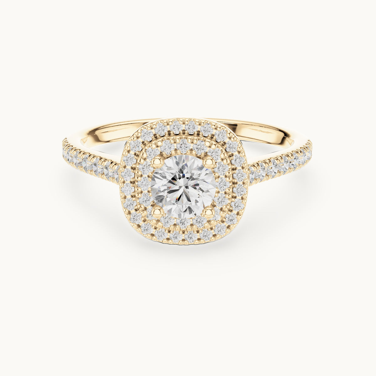 Round lab-grown diamond double halo engagement ring in yellow gold, 1.07 CT TW, view 4