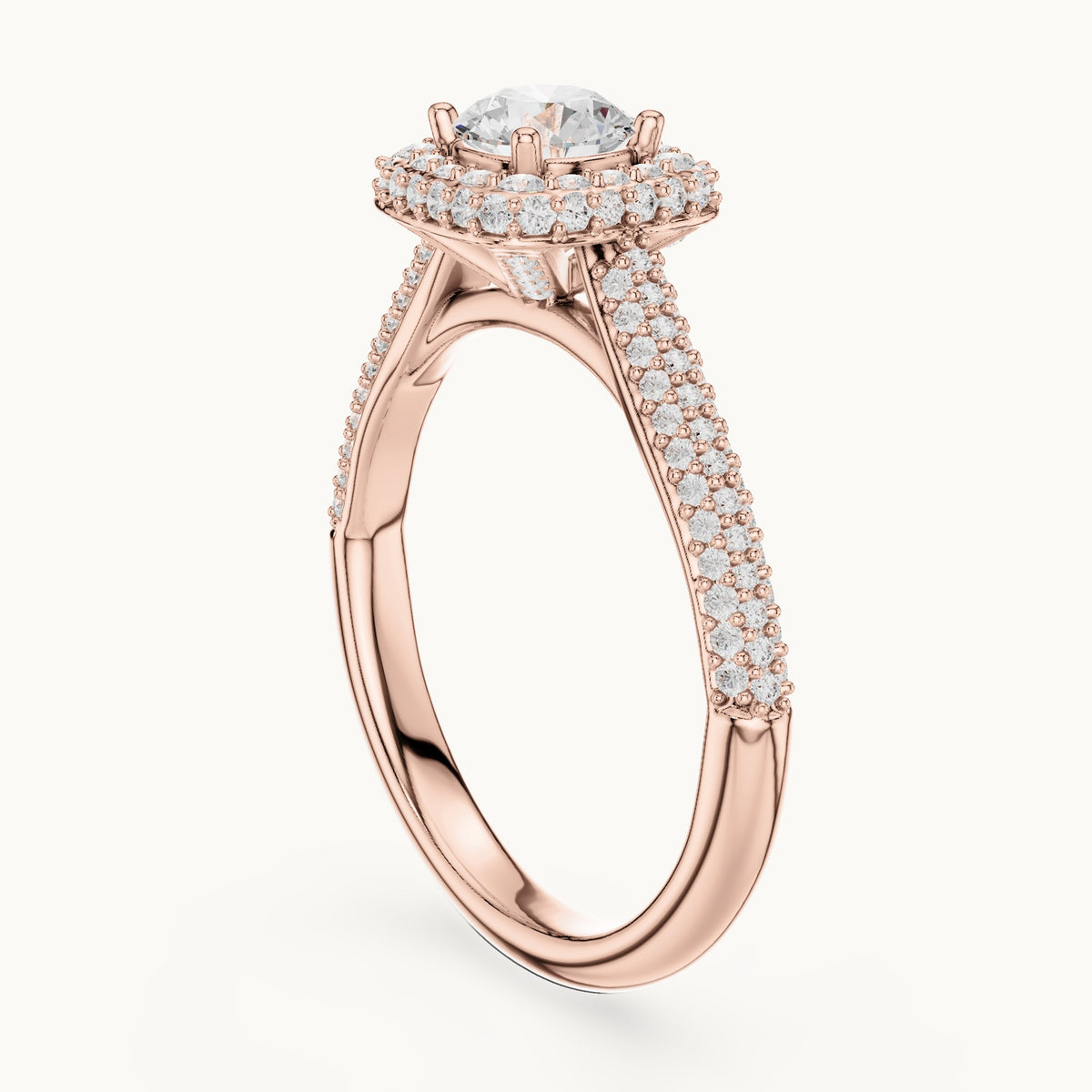 Round lab-grown diamond halo engagement ring with wide pavé band in rose gold, 1.30 CT TW, view 1