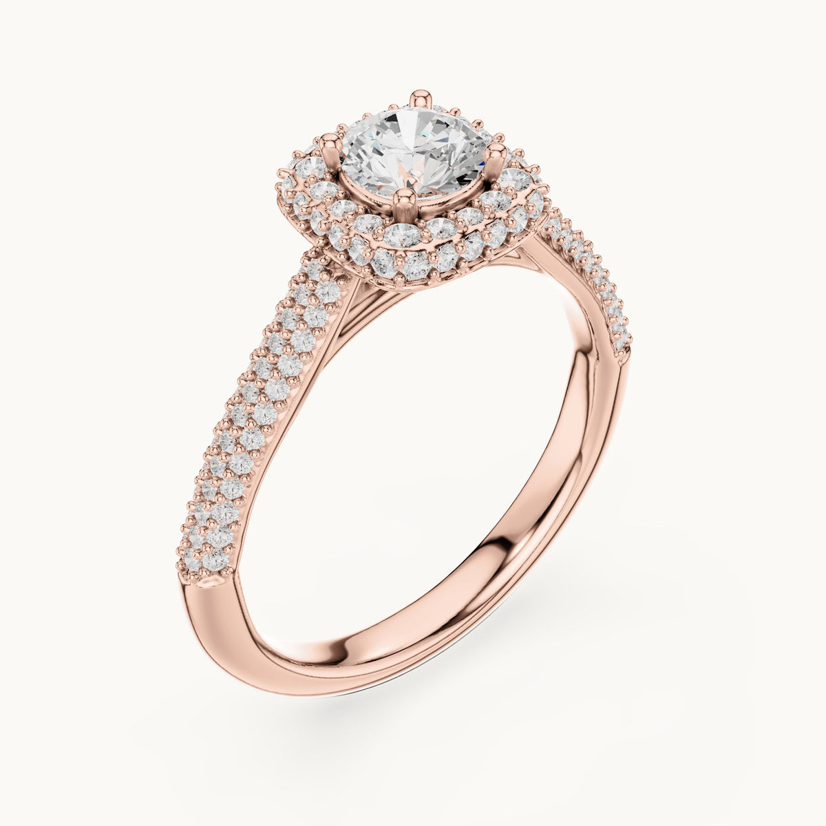Round lab-grown diamond halo engagement ring with wide pavé band in rose gold, 1.30 CT TW, view 2